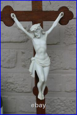 Antique french wood carved bisque porcelain christ crucifix cross religious