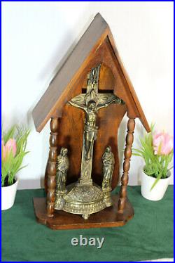 Antique french wood carved chapel crucifix religious