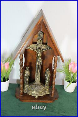 Antique french wood carved chapel crucifix religious