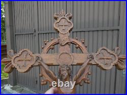 Antique french wood carved crucifix cross religious fleur de lys