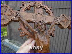 Antique french wood carved crucifix cross religious fleur de lys