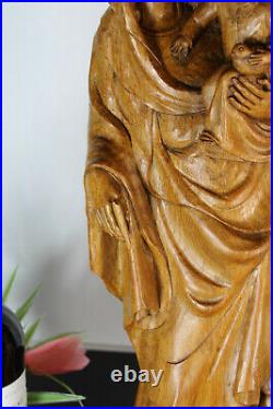 Antique french wood carved madonna child figurine statue religious