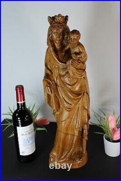 Antique french wood carved madonna child figurine statue religious