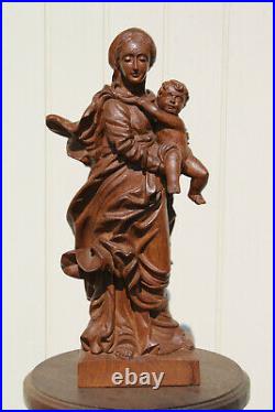 Antique french wood carved madonna child statue figurine religious