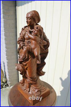 Antique french wood carved madonna child statue figurine religious