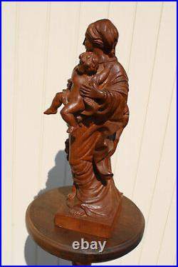 Antique french wood carved madonna child statue figurine religious