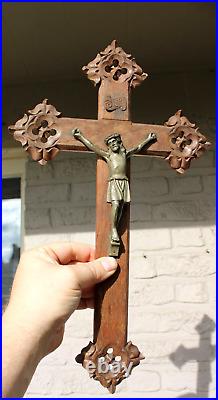 Antique french wood carved wall crucifix religious
