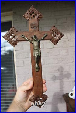 Antique french wood carved wall crucifix religious