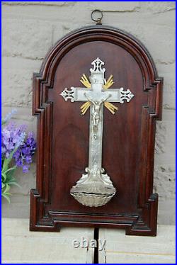 Antique french wood religious plaque crucifix holy water font metal rare