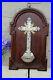 Antique-french-wood-religious-plaque-crucifix-holy-water-font-metal-rare-01-qy