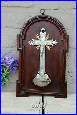 Antique french wood religious plaque crucifix holy water font metal rare