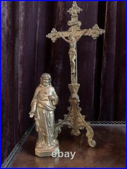 Antique gilt brass religious statues sacred heart crucifix oddities