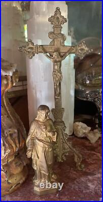 Antique gilt brass religious statues sacred heart crucifix oddities