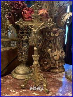 Antique gilt brass religious statues sacred heart crucifix oddities