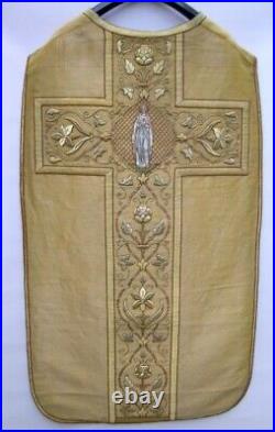 Antique goldbrocade religious goldhread vestment, embroidery applique Virgin Mary