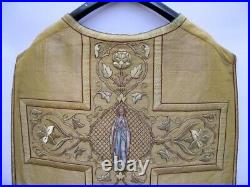 Antique goldbrocade religious goldhread vestment, embroidery applique Virgin Mary