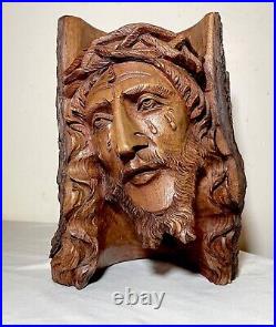 Antique hand carved natural wood Folk Art religious Jesus Christ sculpture bust