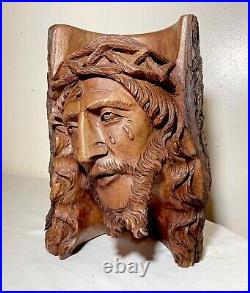 Antique hand carved natural wood Folk Art religious Jesus Christ sculpture bust