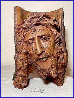 Antique hand carved natural wood Folk Art religious Jesus Christ sculpture bust