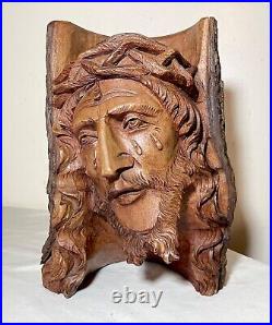 Antique hand carved natural wood Folk Art religious Jesus Christ sculpture bust