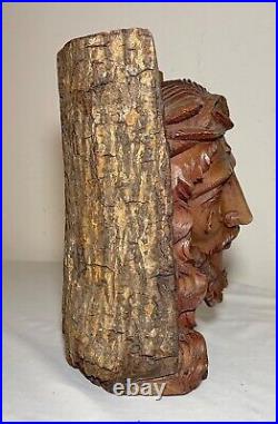 Antique hand carved natural wood Folk Art religious Jesus Christ sculpture bust