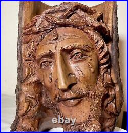 Antique hand carved natural wood Folk Art religious Jesus Christ sculpture bust