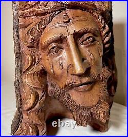 Antique hand carved natural wood Folk Art religious Jesus Christ sculpture bust