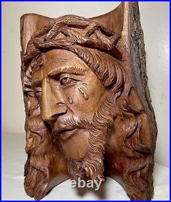 Antique hand carved natural wood Folk Art religious Jesus Christ sculpture bust