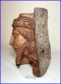 Antique hand carved natural wood Folk Art religious Jesus Christ sculpture bust