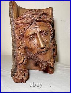 Antique hand carved natural wood Folk Art religious Jesus Christ sculpture bust