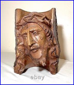 Antique hand carved natural wood Folk Art religious Jesus Christ sculpture bust