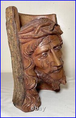 Antique hand carved natural wood Folk Art religious Jesus Christ sculpture bust