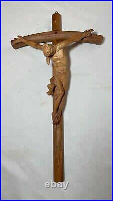 Antique hand carved wood religious Jesus Christ crucified cross sculpture God