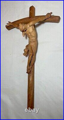 Antique hand carved wood religious Jesus Christ crucified cross sculpture God