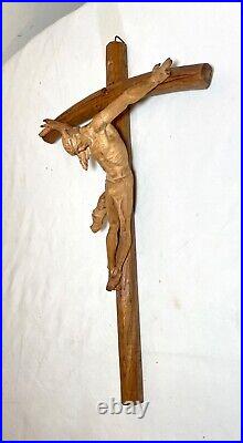 Antique hand carved wood religious Jesus Christ crucified cross sculpture God