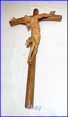 Antique hand carved wood religious Jesus Christ crucified cross sculpture God