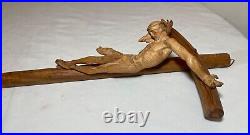 Antique hand carved wood religious Jesus Christ crucified cross sculpture God