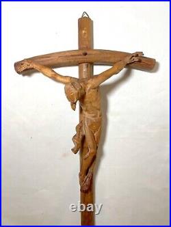 Antique hand carved wood religious Jesus Christ crucified cross sculpture God