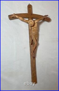 Antique hand carved wood religious Jesus Christ crucified cross sculpture God