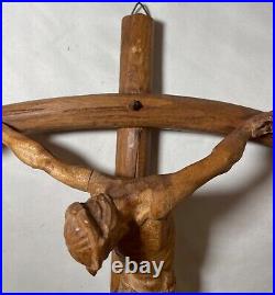 Antique hand carved wood religious Jesus Christ crucified cross sculpture God