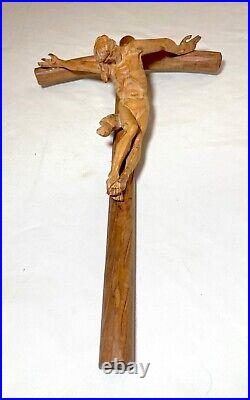 Antique hand carved wood religious Jesus Christ crucified cross sculpture God