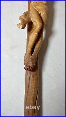 Antique hand carved wood religious Jesus Christ crucified cross sculpture God