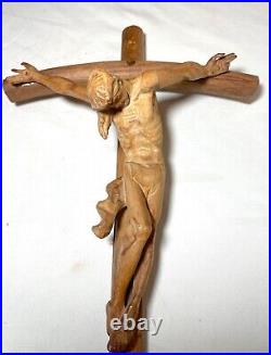 Antique hand carved wood religious Jesus Christ crucified cross sculpture God