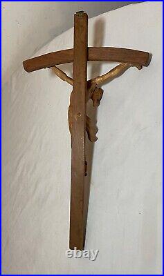 Antique hand carved wood religious Jesus Christ crucified cross sculpture God