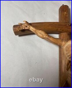 Antique hand carved wood religious Jesus Christ crucified cross sculpture God