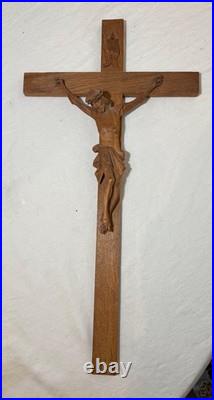 Antique hand carved wood religious Jesus Christ crucifix cross sculpture God Antique hand carved wood religious Jesus Christ crucifix cross sculpture God