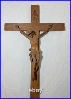 Antique hand carved wood religious Jesus Christ crucifix cross sculpture God Antique hand carved wood religious Jesus Christ crucifix cross sculpture God