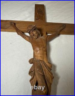 Antique hand carved wood religious Jesus Christ crucifix cross sculpture God Antique hand carved wood religious Jesus Christ crucifix cross sculpture God