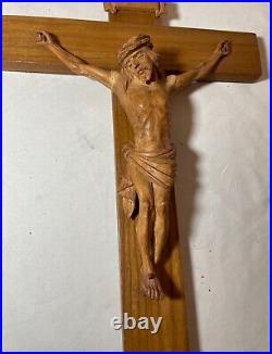 Antique hand carved wood religious Jesus Christ crucifix cross sculpture God