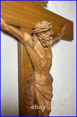 Antique hand carved wood religious Jesus Christ crucifix cross sculpture God
